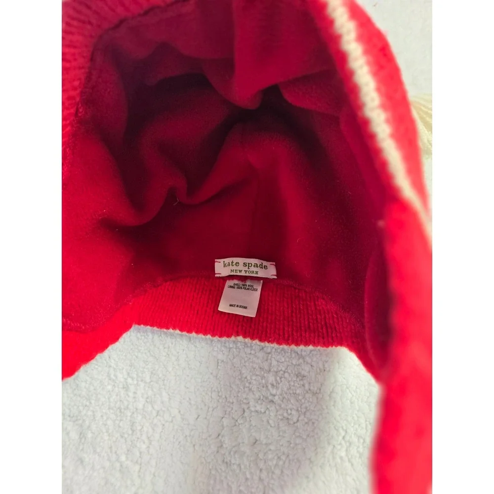 Kate Spade Bah Hum Bug Red Wool Fleece Lined Earflap Hat Pom Pom Beanie
